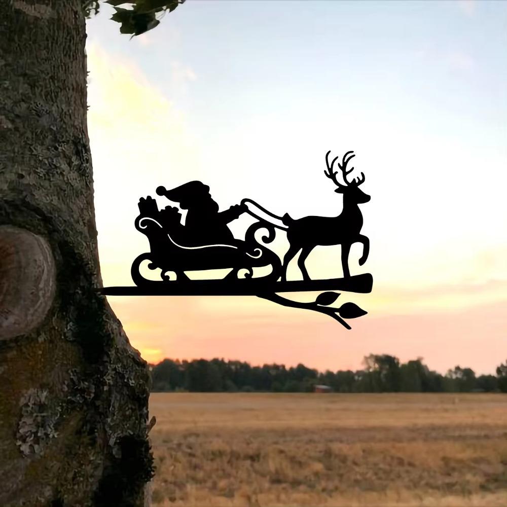 1 szt. Metalowa sztuka ścienna Renifer i Święty Mikołaj - Stalowa sylwetka na gałęzi, Idealna do dekoracji domu, ogrodu i na zewnątrz