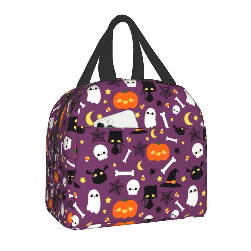 Lunchtasche für Arbeit Schule Halloween Katze Totenkopf Wasserdichte Kühltasche Thermische Lunchbox Frauen Kinder Picknicktaschen