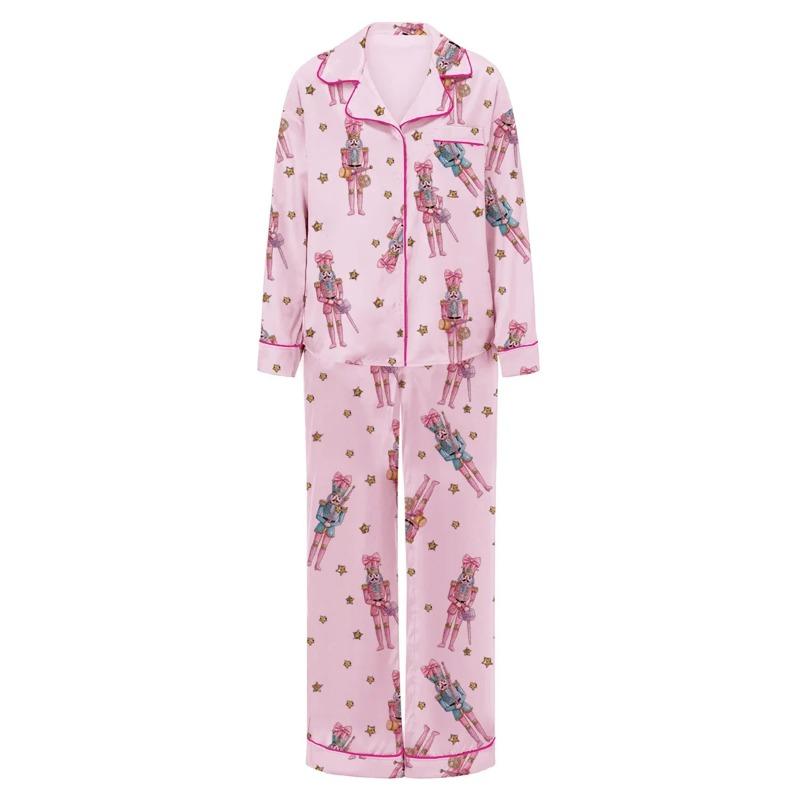 

Женский рождественский пижамный комплект с милым принтом Щелкунчика, рубашка с длинными рукавами и брюками из атласного шелка, 2 предмета, пижамы L розовый