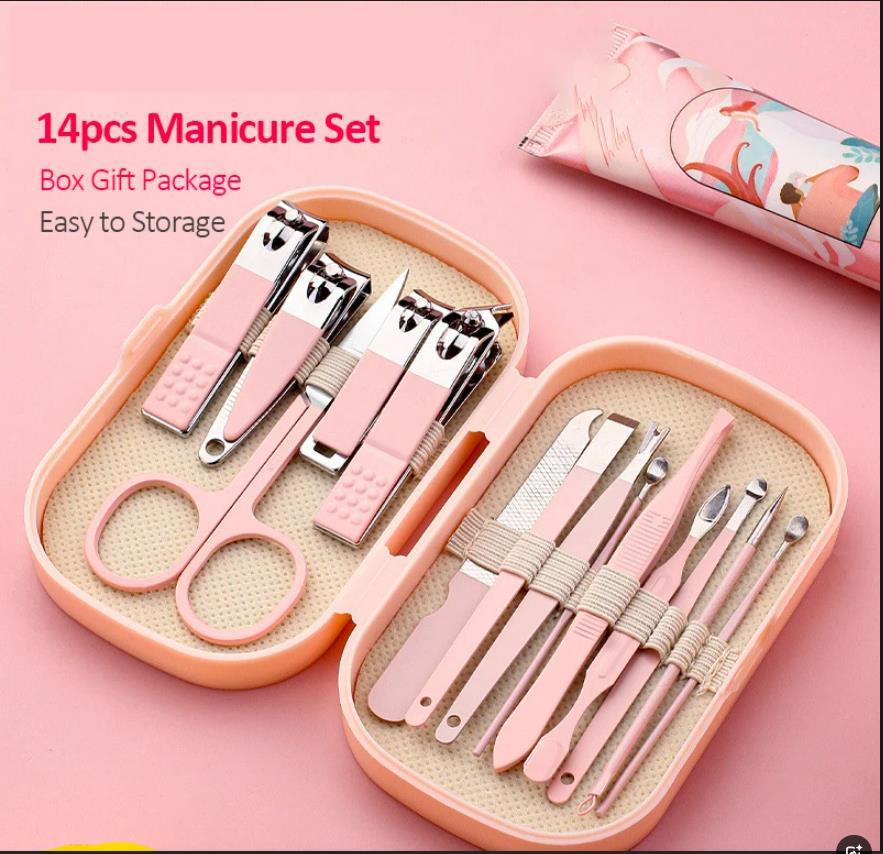 14 Piece Deluxe Manicure & Pedicure Set Pink And Blue Stainless Steel Nail Scissors, Clippers, Ear Digging Spoon for Men & Women