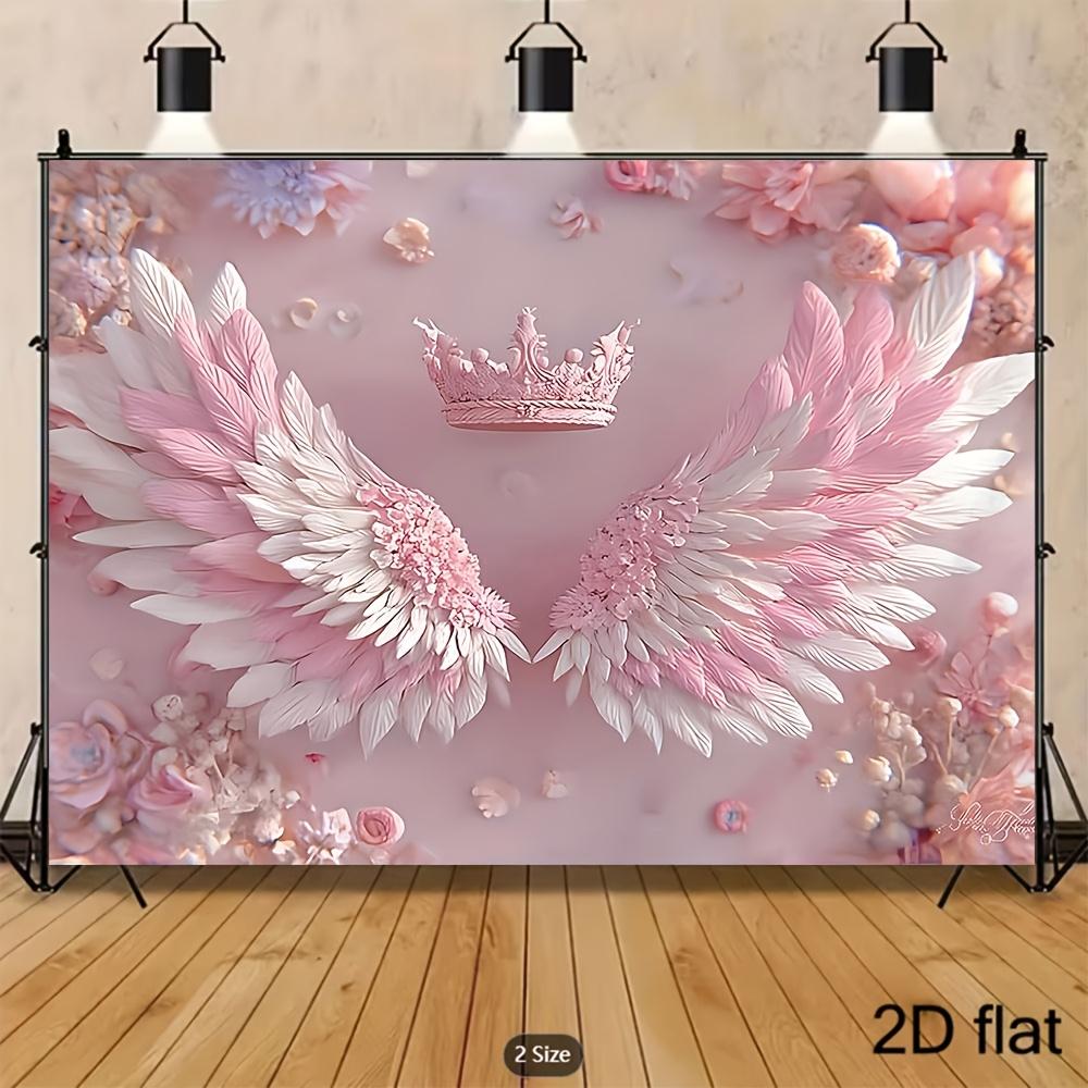 2D Plane Summer New Light Pink Angel Wings Crown Floral Background Fabric Polyester Fabric Birthday Party