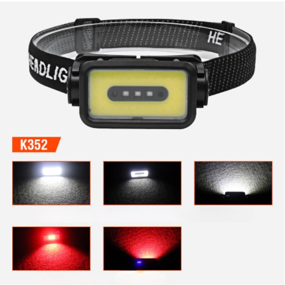 K372 Lampe frontale LED Lampe de poche COB Batterie 18650 intégrée IPX4 Étanche Phare Lanterne de randonnée Lumière forte portable extérieur course de nuit