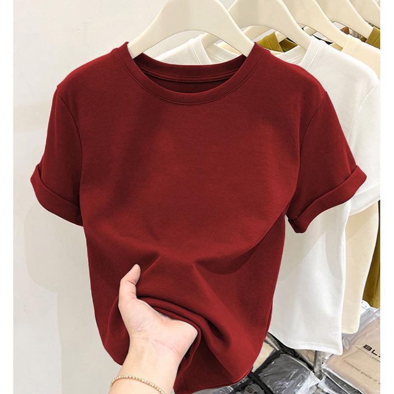 Women's Crimson Brushed Short-Sleeve Round Neck T-Shirt, Thicker Style For All Seasons