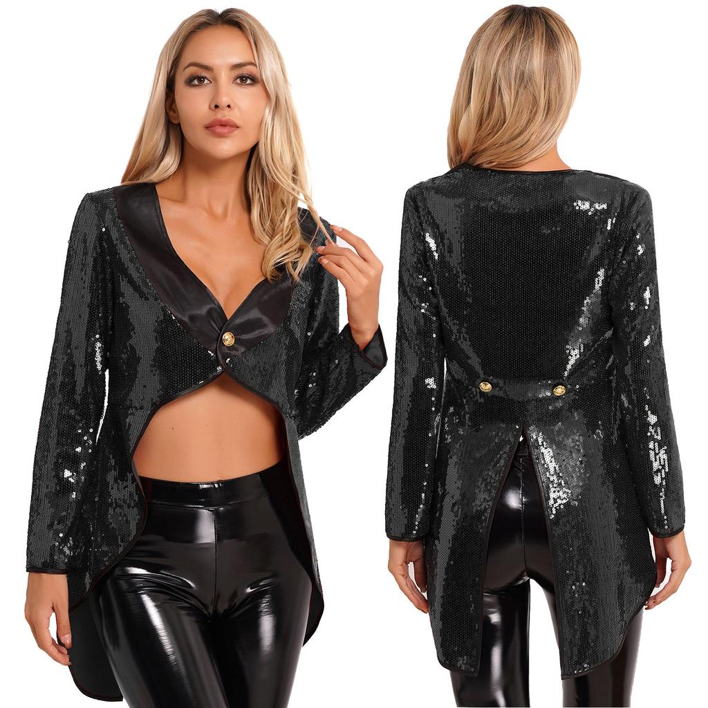 Womens Halloween Magician Dress Suit Circus Tailcoat Jacket Sparkle Sequin Blazers Tuxedo Outerwear Dress Up Costumes