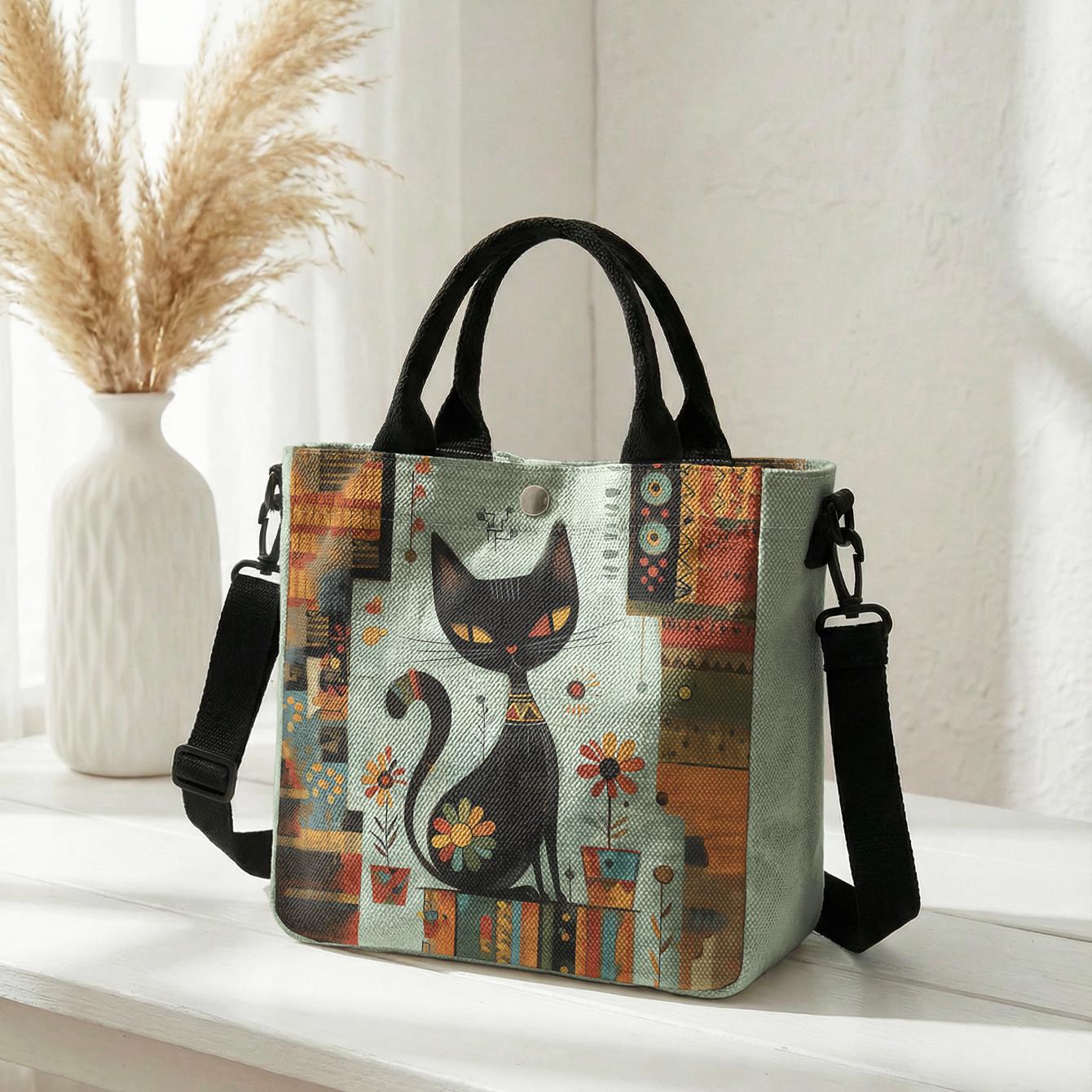 Sac Cabas Imprimé Art Chat Noir Floral Géométrique Abstrait Bandoulière Amovible Sac à Main Bandoulière Pour Femmes Achats Quotidients black
