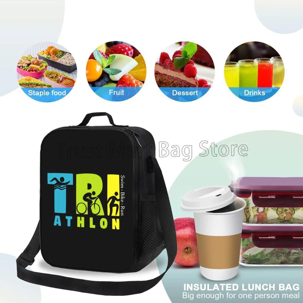 Swim Bike Run Pattern Insulated Lunch Bag Reusable Thermal Cooler Oxford Totes with Adjustable Strap for Travel Picnic