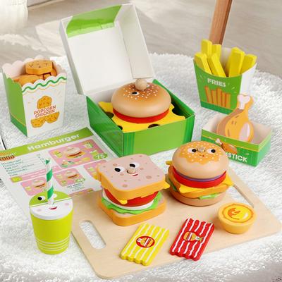 Dřevěná dětská raná vzdělávací simulační sada burgerů, hranolků a sendvičů, domeček na hraní, puzzle, kuchyňská montážní stavebnice