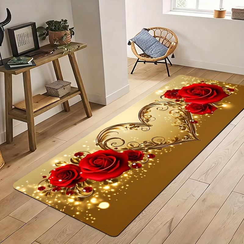 1Pcs Anti Fatigue Kitchen Rugs Golden Heart Shaped Rose Print Waterproof Non Slip Thick Cushioned Mat