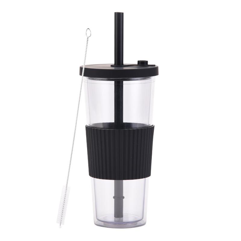 2025 Large Capacity Double Layer Plastic Cup Large Hole Straw Pearl Boba Milk Tea Cup Portable Outdoor Straw Cup