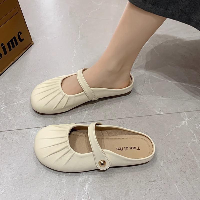 Soft Bottom Pleated Baotou Half Slippers Women's Spring and Summer Outer Wear New One-pedal Evening Breeze Flat Bottom Cool Slippers