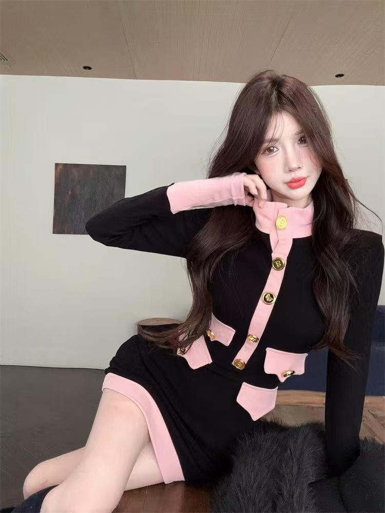 Jesień Zima Francuski Vintage Stare Pieniądze Długi Rękaw Mini Dzianinowa Sukienka Kobiety Impreza Wieczorowe Golf Sukienki Jednoczęściowe Wieczorowe Lata 2000