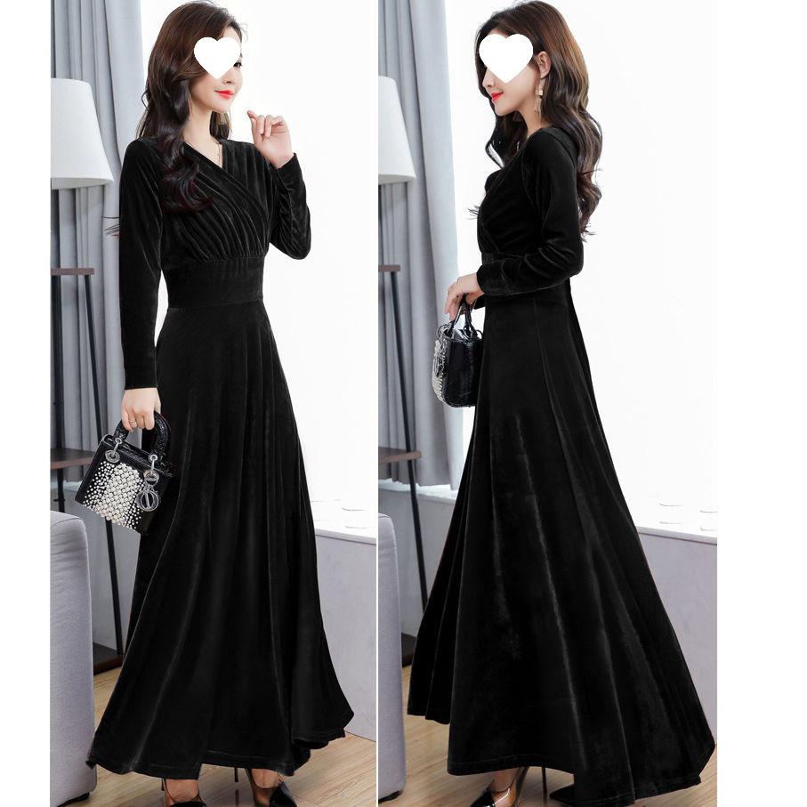 2025 Gold Velvet Long Slim Dress with Long Sleeves - Plus Size Women's Spring/Autumn Fashion