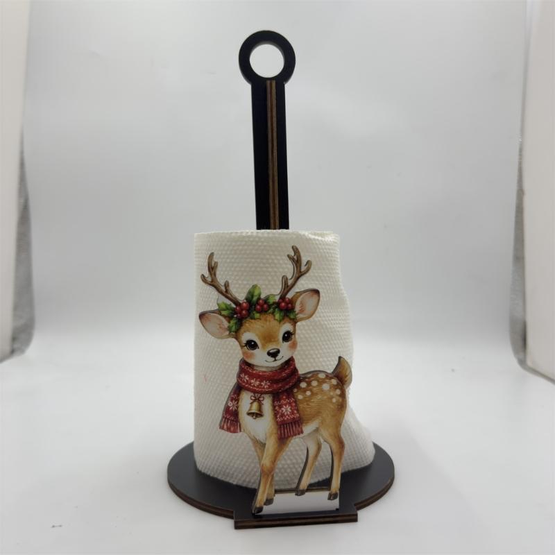 Wood Paper Towel Roll Holder with Vertical Center Post, Round Base, and Christmas Animal Panel for Countertop Use
