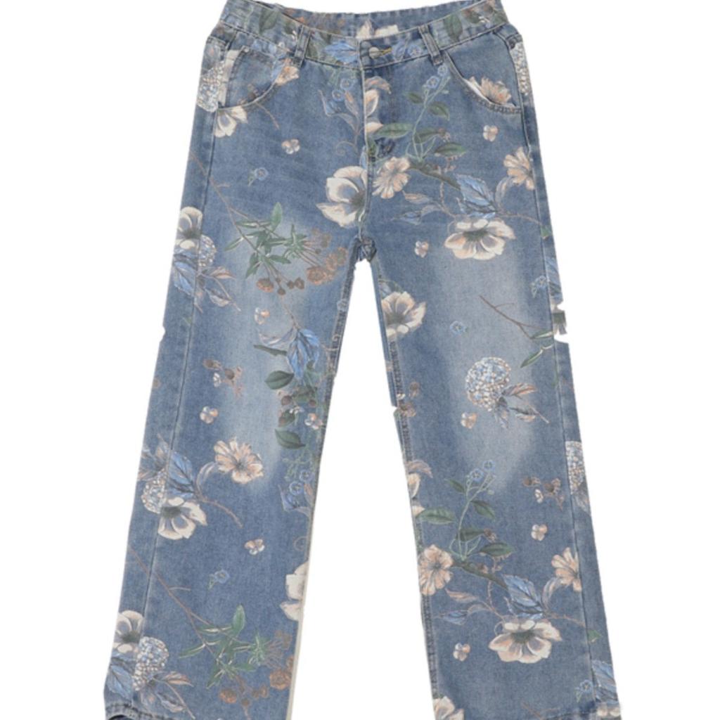 American street print jeans men's autumn trendy brand vibe style loose and versatile design sense mopping wide leg pants