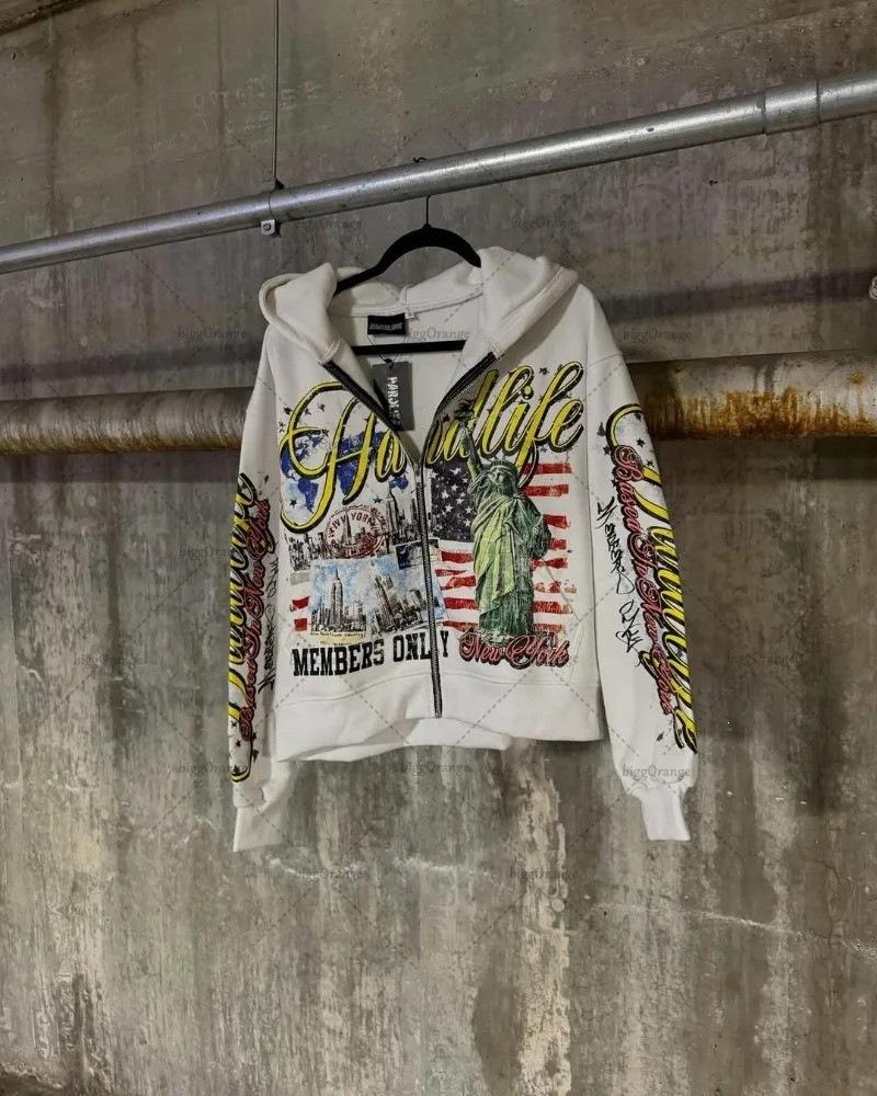 Cardigan con cappuccio alla moda hip-hop streetwear retro americano con stampa di lettere, maglione sportivo ampio Harajuku