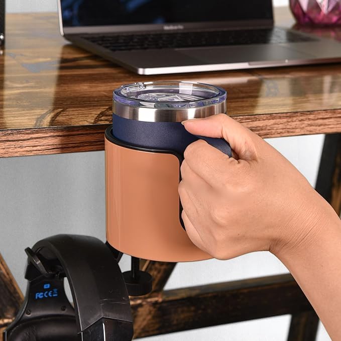 NASSIA Luxury 2-in-1 Drink Cup Holder, Desk Cup Holder, Multifunctional Storage Rack for Computer Desks, and Earphone Holder (Brown)