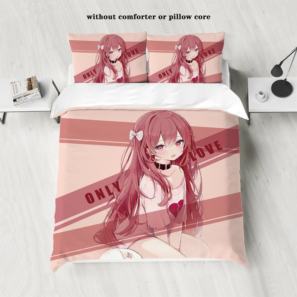 3dílný kreslený anime dívčí vzor tištěný péřový povlak na přikrývku (1dílná sada+2 povlaky na polštáře, bez výplně) ložní souprava