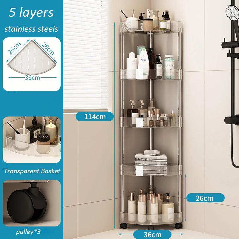 Stainless steel Rack Multi-Layer Transparent Bathroom Shelf Storage Trolley Easy-Move Corner Space-Saving for Bathroom