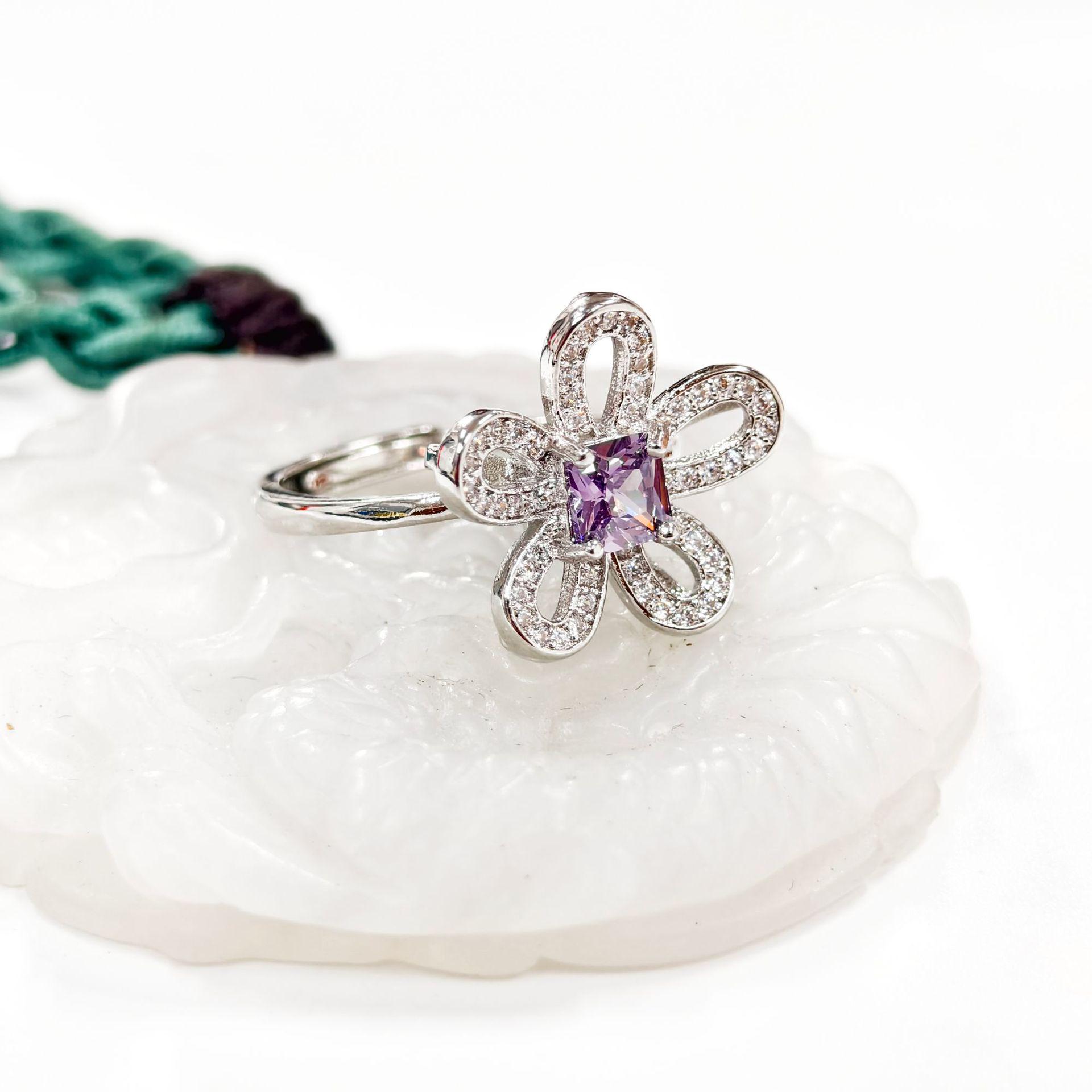 Gessen Jewelry Petal Fresh Purple Zirconia Sunflower Luxury Korean Style Stud Earrings, Ring, and Pendant Set.