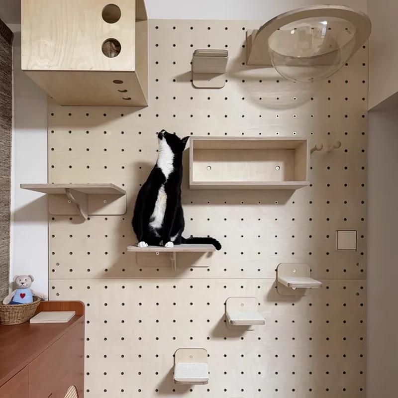 Wandmontiertes Katzenmöbel-Set Schwebende Regale mit Kratzbaum Kletterstufen und Schlafhängematte Platzsparend