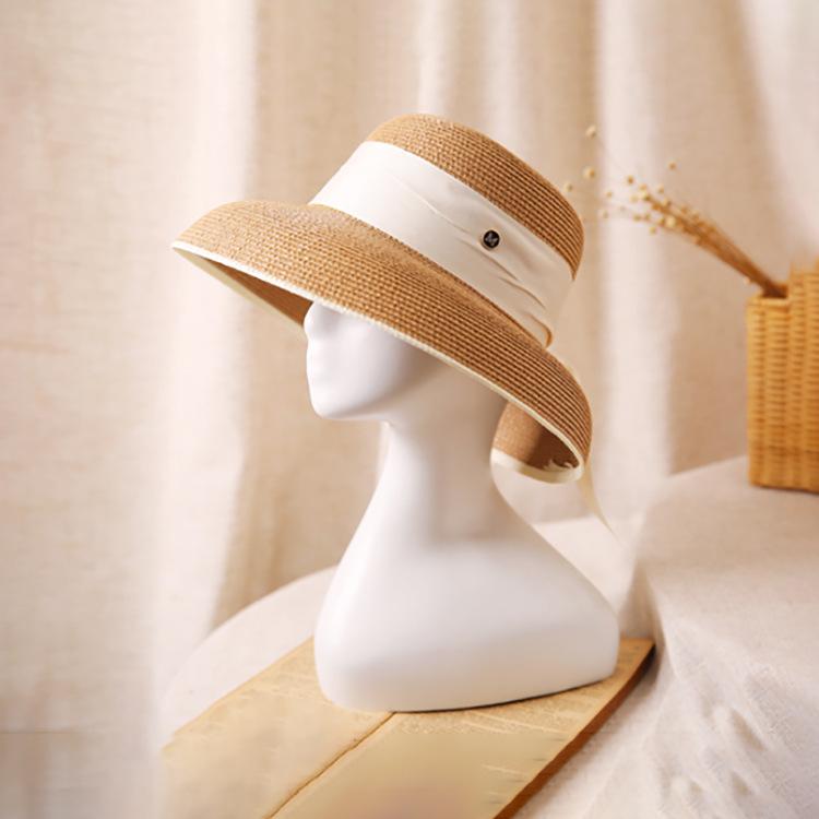 Hepburn Bow Ribbon Sun Hat Women'S Straw Hat Bucket Hat Color Sunscreen Sun Hat Beach Hat