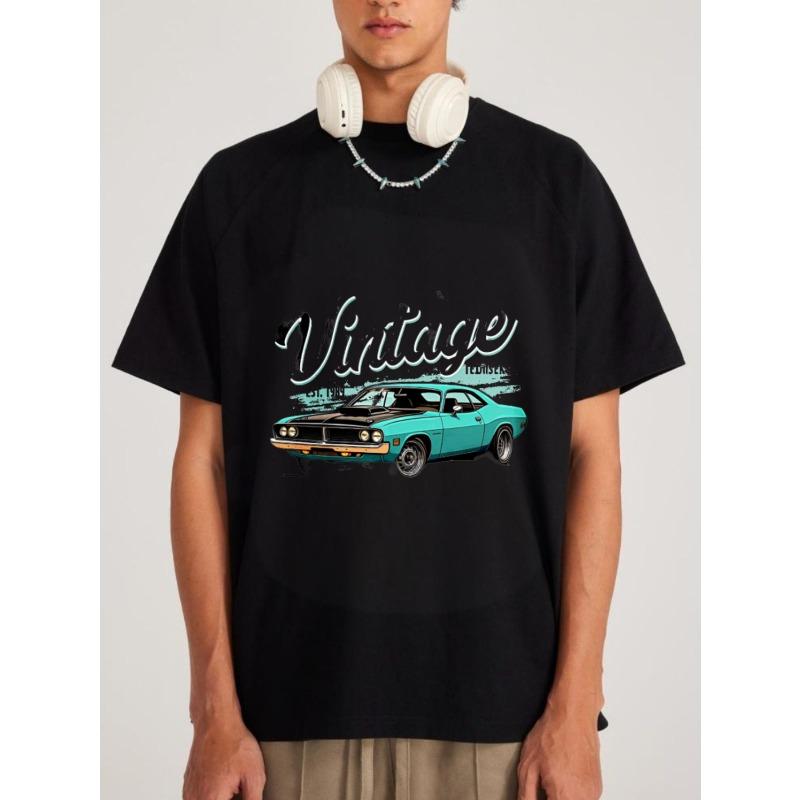 

Vintage Car Graphic T-Shirt White Classic Muscle Car Print and Text Casual Wear for Men S