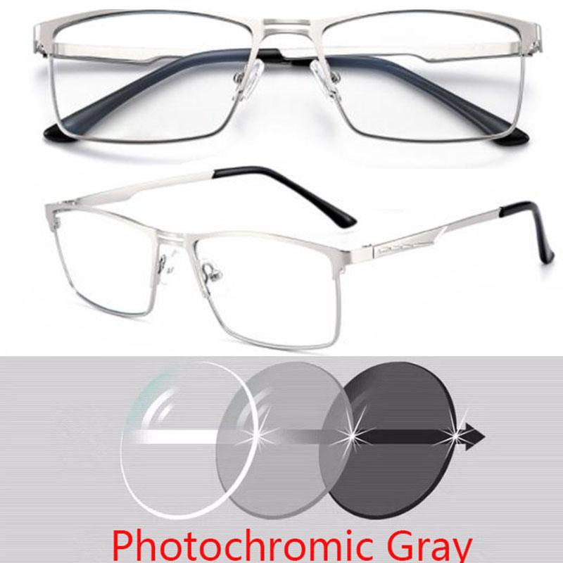 0 -0.5 -0.75 To -6.0 Metal Full Frame Sun Photochromic Square Prescription Eyeglasses With Cylinder Power Glasses
