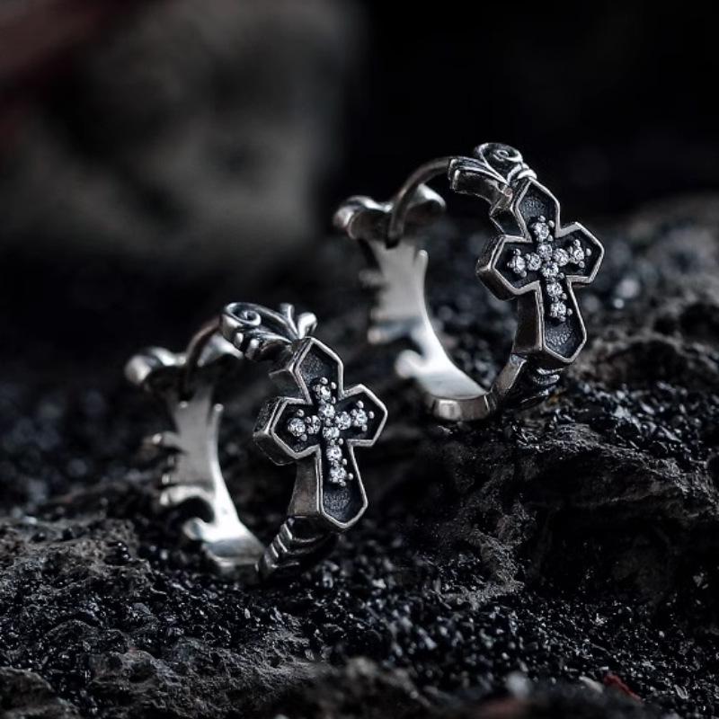 Retro Cross 925 Silver Needle Earrings: Men's High-End Fashion, Heavy Industry Style, All-Match Jewelry Ear Buckles
