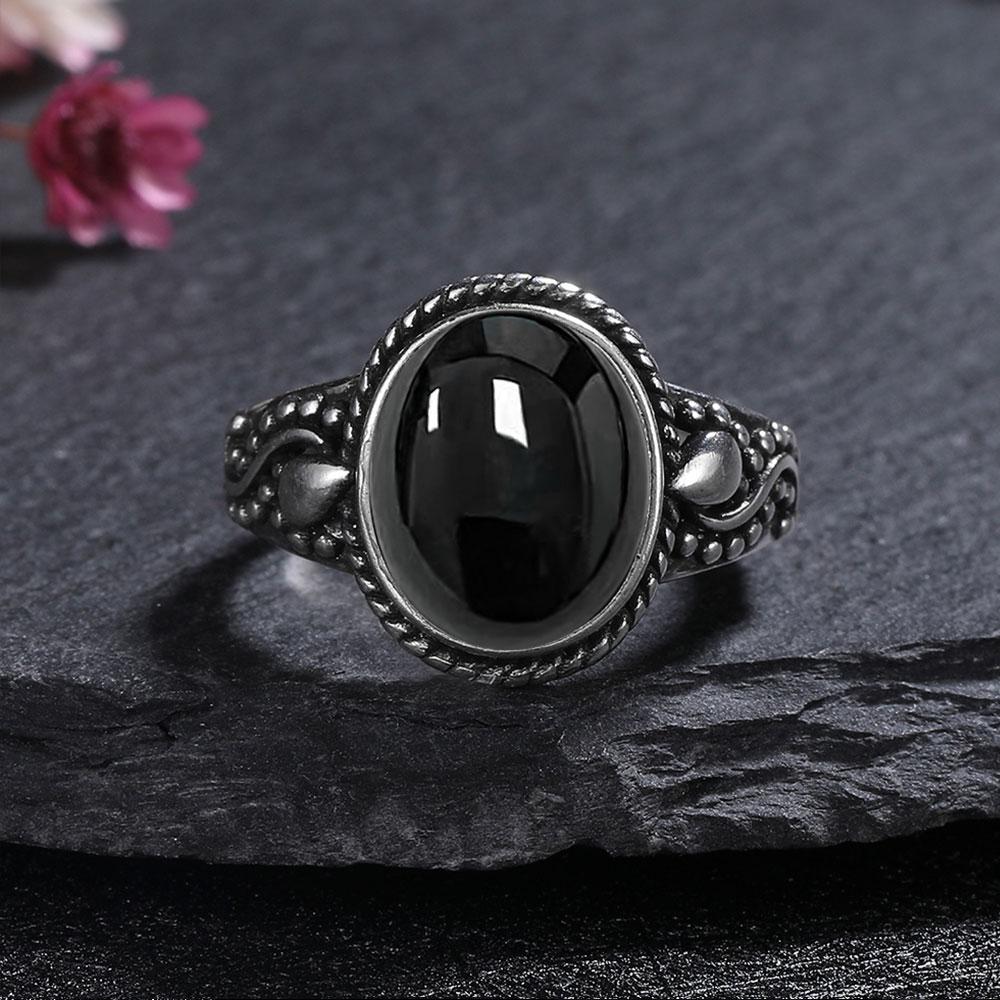 Vintage 925 Sterling Copper Ring Natural Black Onyx Ring Oval Round Stone Retro Fine Zircon Gift Sun Shaped For Women Men