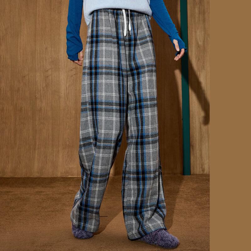 COOLHUT Women's Brushed Plaid High-Waist Straight-Leg Pants