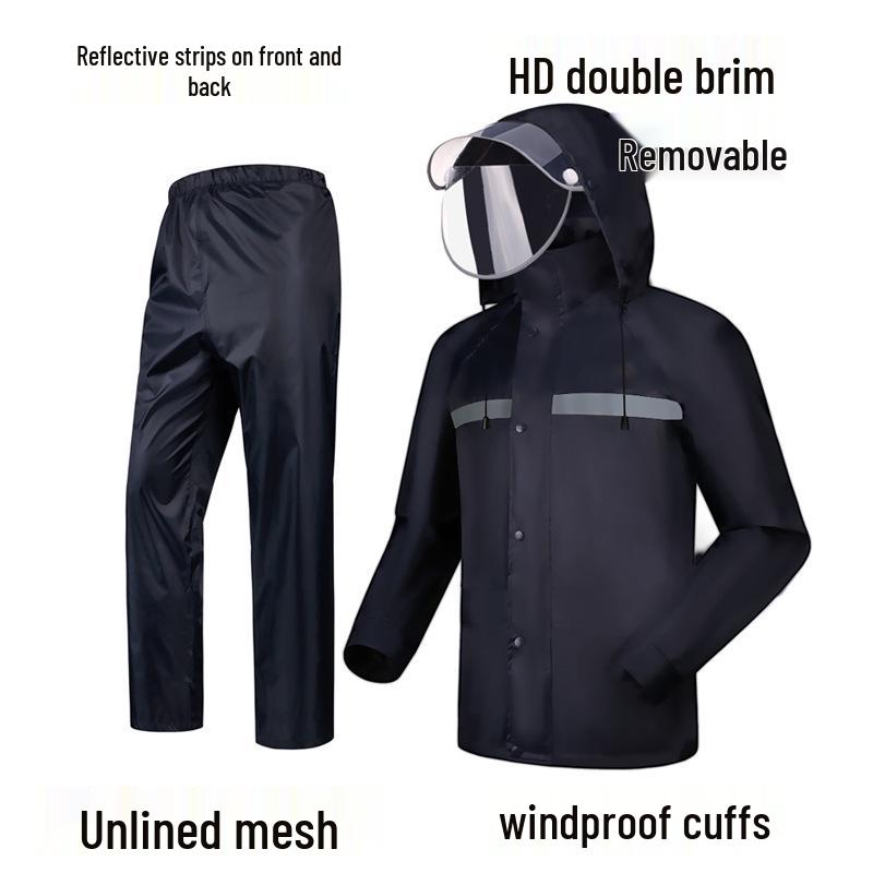 Men's Black Reflective Full-Body Raincoat and Pants Set for Motorcycle Riding