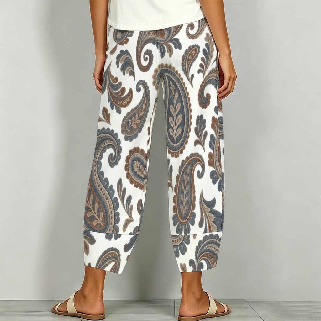 Women Plus Size Floral Printed Loose Cross Hem Cropped Pants
