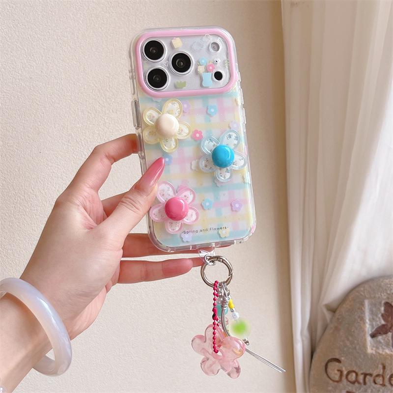 Plaid 3D Flower Pendant Phone Case for iPhone 17, 16 Pro Max/15 Pro - Girly Style