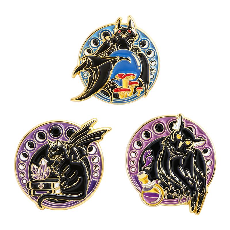 Moon Phrase Black Animal Enamel Pins Bat Cat Owl Brooches Lapel Badges Punk Gothic Jewelry Gift for Family Friends