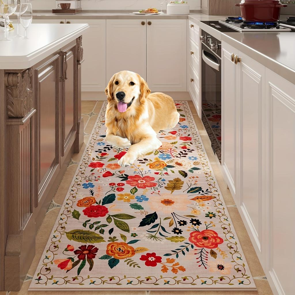 Premium Floral Bedroom Runner Rug, Soft Machine Washable Kitchen Mat - Non-Slip Indoor Doormat for Entryway, Laundry, Bathroom, Kitchen & Living Room
