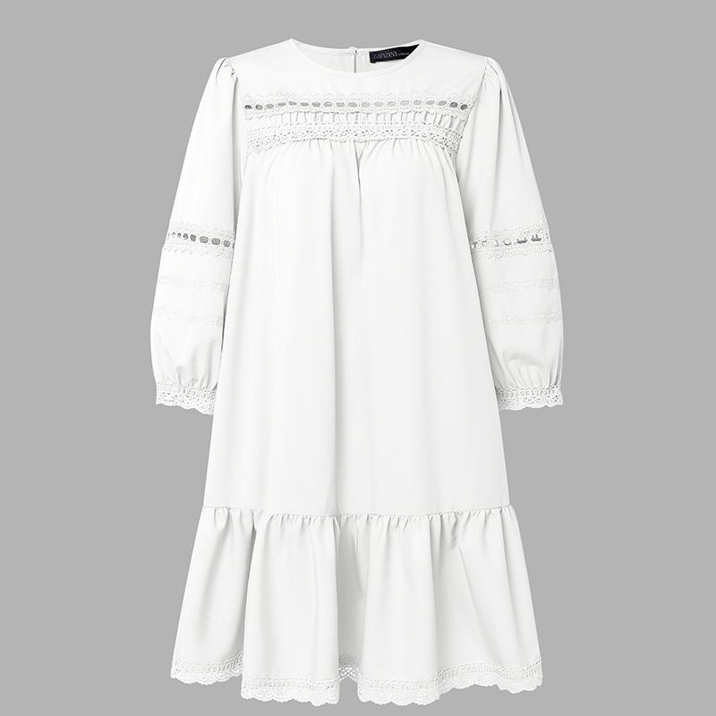 ZANZEA Women Casual Round Neck 3/4 Sleeve Lace Splice Loose Summer Dress S белый