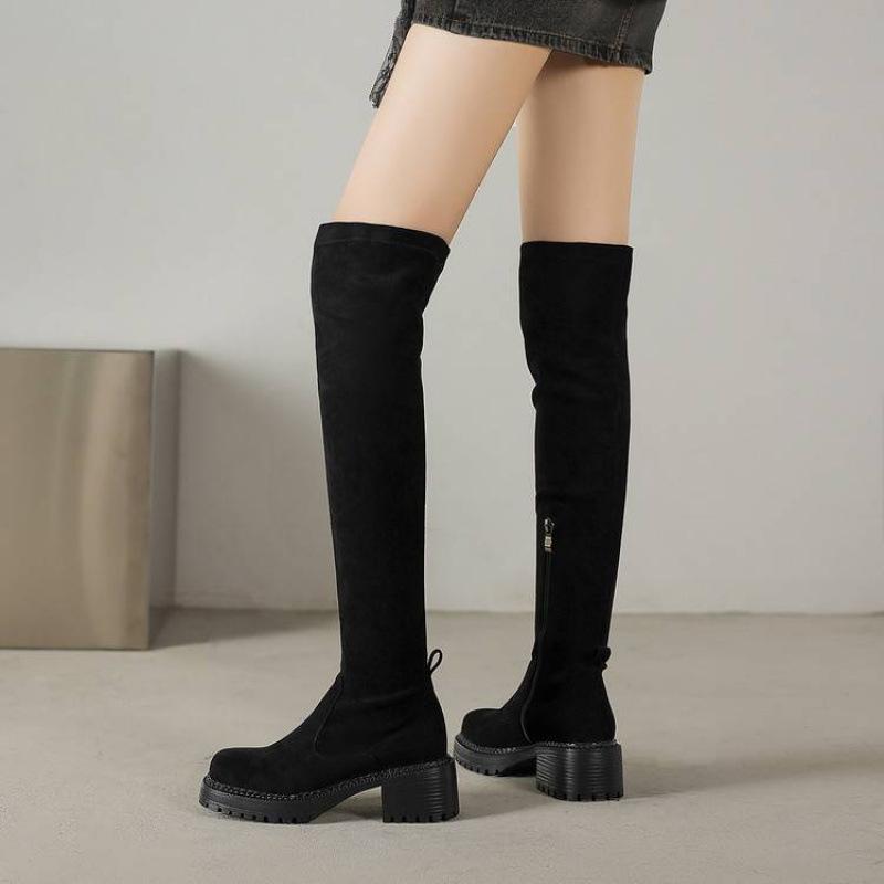 

Осенне-зимние замшевые женские ботинки большого размера на высоком каблуке и платформе, женские ботинки с нескользящим квадратным каблуком, удобные ботфорты с боковой молнией 33