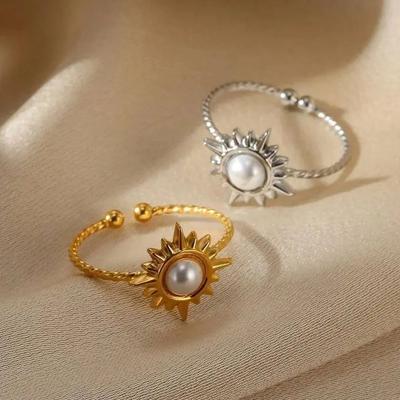 Exquisite Elegant Pearl Sun Open Ring For Women Adjustable Faux Pearl Stainless Steel Ring Wedding Daily Jewelry Gift
