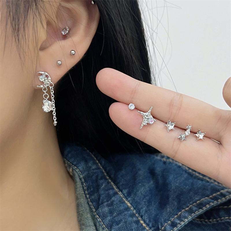 1Set Y2K Bowknot Heart Zircon Stud Earrings For Women Girls Silver Color Exquisite Earrings Set Trendy Jewelry Party Gifts