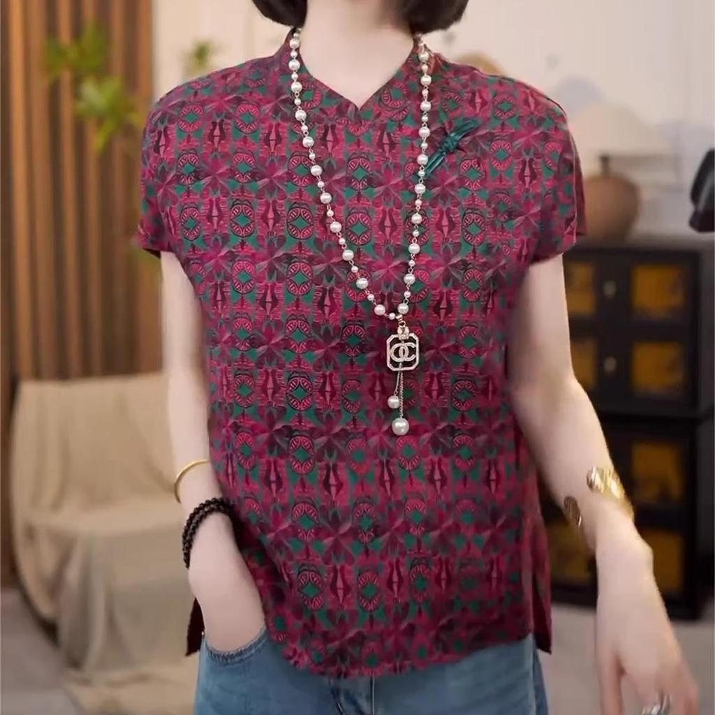 High-end fuchsia stand-up collar 2025 summer style outer temperament embroidered versatile top women