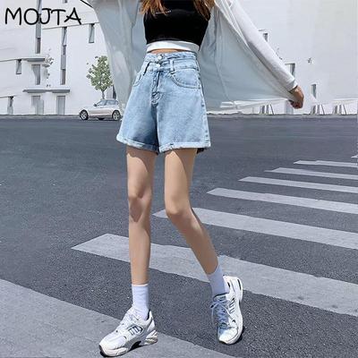 Summer Women Wide Leg All-match Slim High Waist Roll Up Jeans Lady Plus Size Casual Shorts