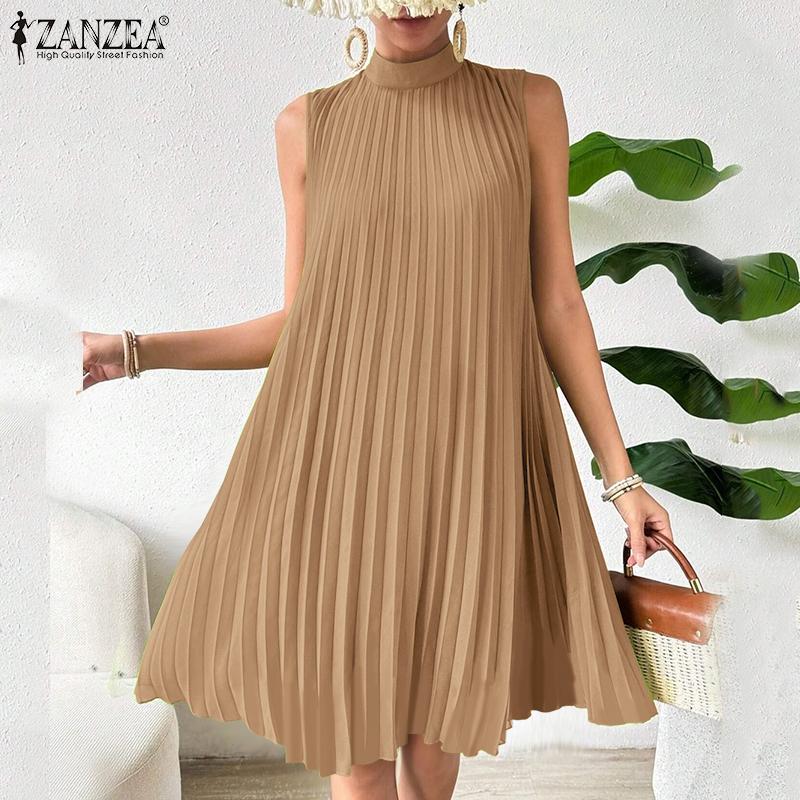 ZANZEA Women Summer Stand Neck Casual Sleeveless Short Dress