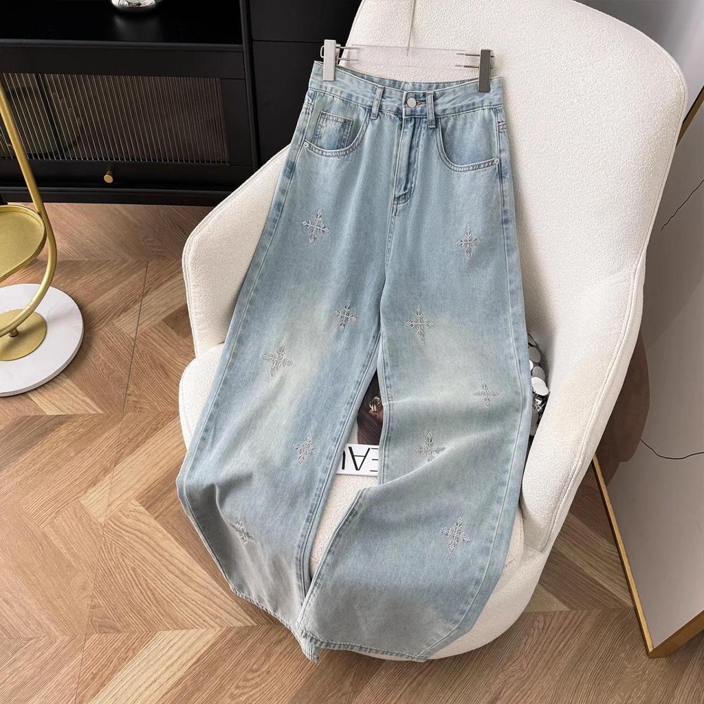 Girl's Jacquard Wide-Leg Slimming Jeans - Women's Spring 2025 High-Waisted Straight-Leg Pants