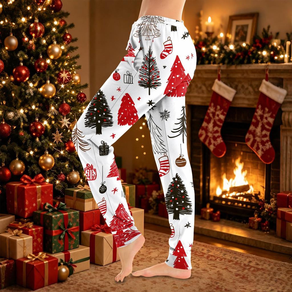 Pantaloni da Donna con Stampa Natalizia, Pantaloni Jogger Casual con Tasche e Polsini Elasticizzati per le Feste