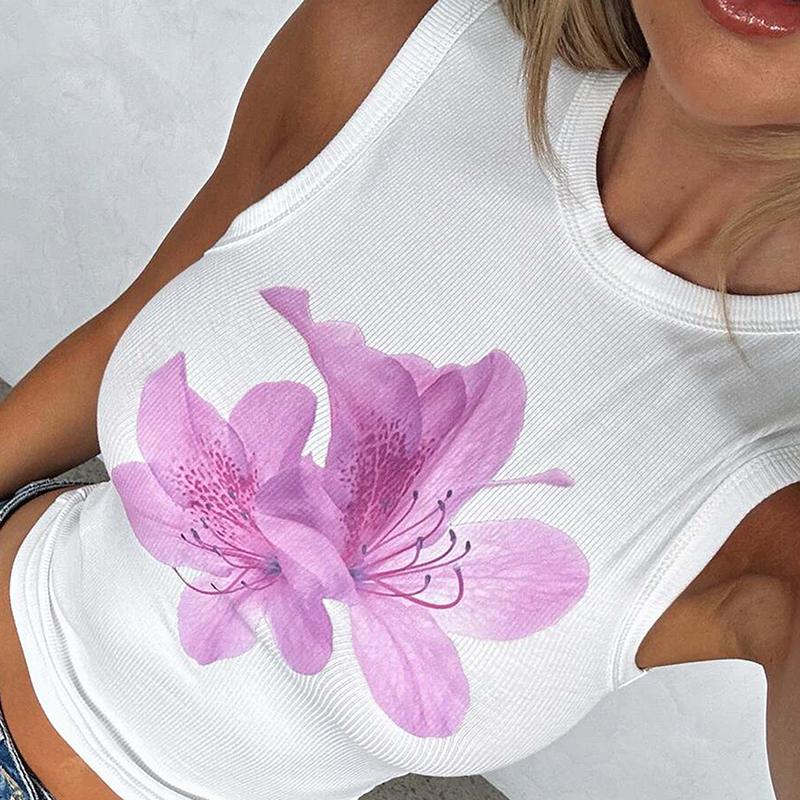 

Женский летний топ Y2K с круглым вырезом, без рукавов, с цветочным принтом, повседневный, приталенный, жилет, открывающий живот XL