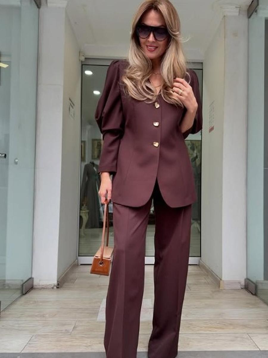 

Autumn New Style Fashion Solid Color Lantern Sleeve Loose Suit Temperament Commute Set XXXL темно-коричневого кольору