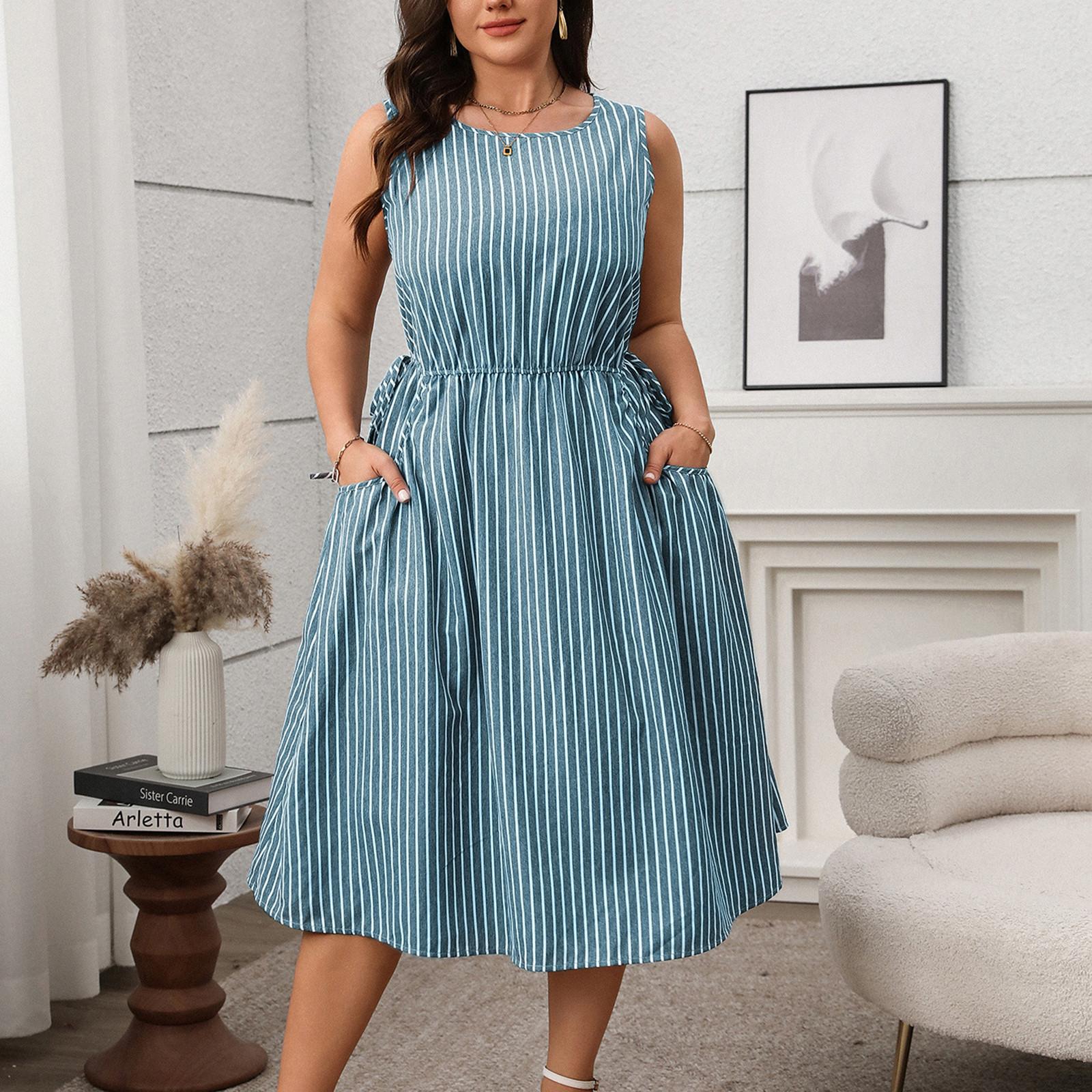 

Женские платья больших размеров в стиле casual с широкими рукавами и карманами с круглым вырезом XXL синий