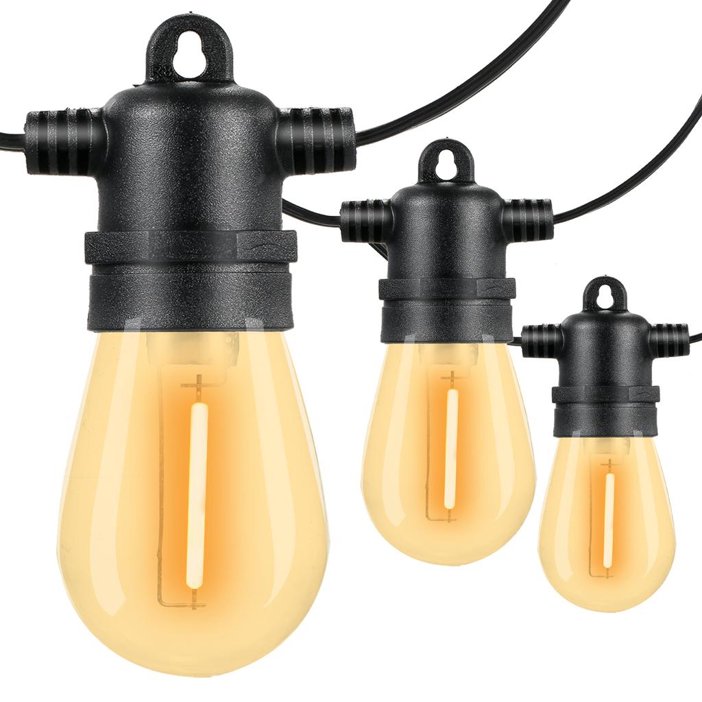 15M/49FT S14 String Lights 15 Hanging Sockets 16 E26 1W LED Bulbs 2700K Warm Light with Remote Control IP65 Waterproof