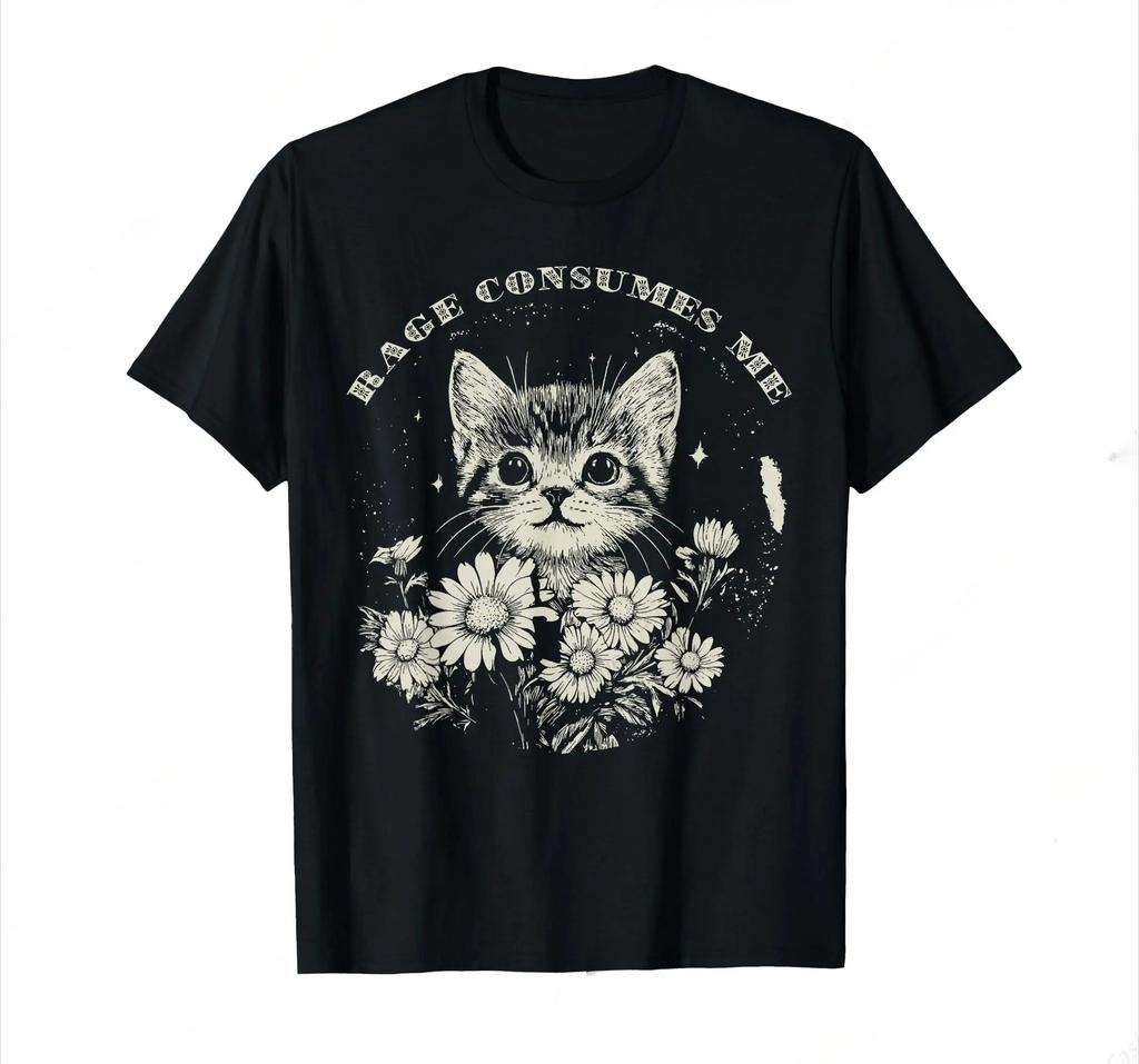 Summer Cute Cat T-shirt, Rage Calls Me Funny Sarcastic Kitten Flower Men Women Clothing Graphic