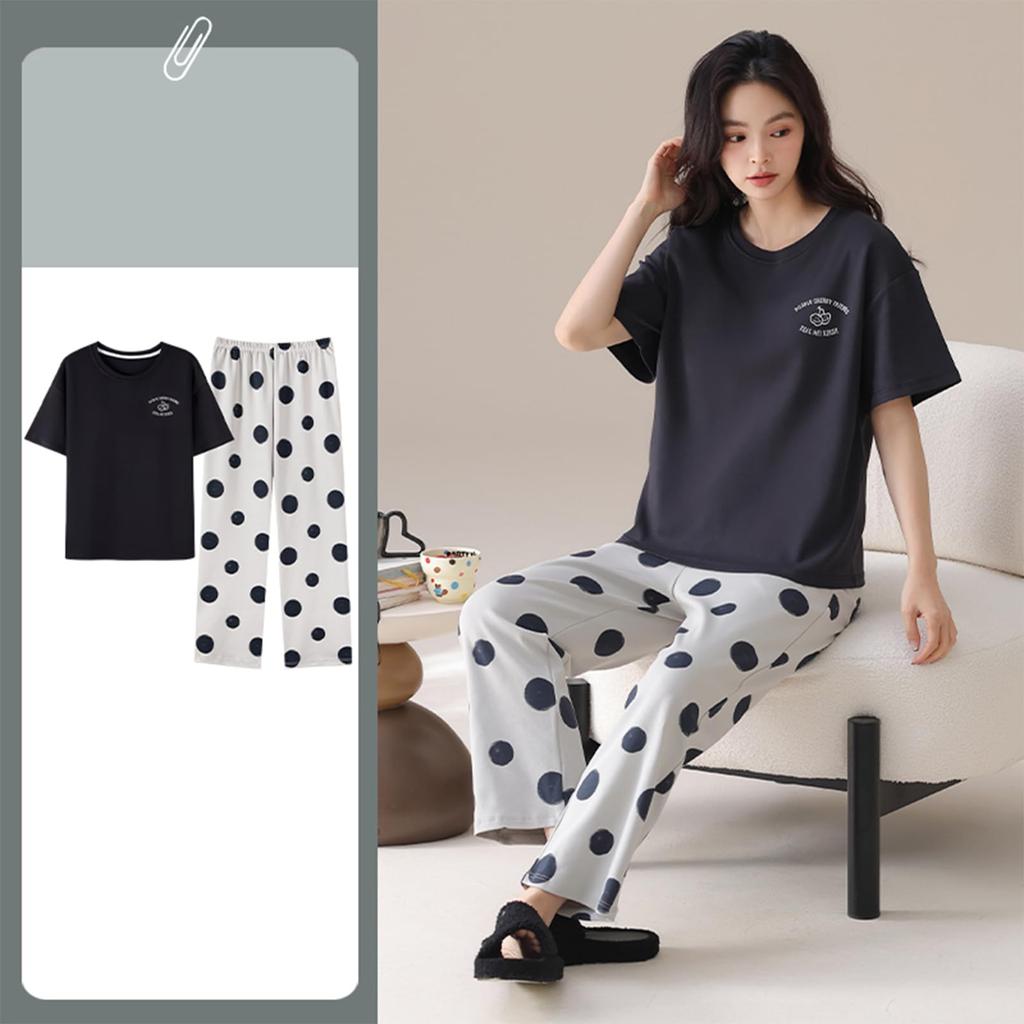 Kyonuza Summer Pajama Short Loose Long Relaxed School Size Women's Set, Sleeves, 111% Cotton, Breathable, Cool, Fit, Cute, Skin-Friendly,